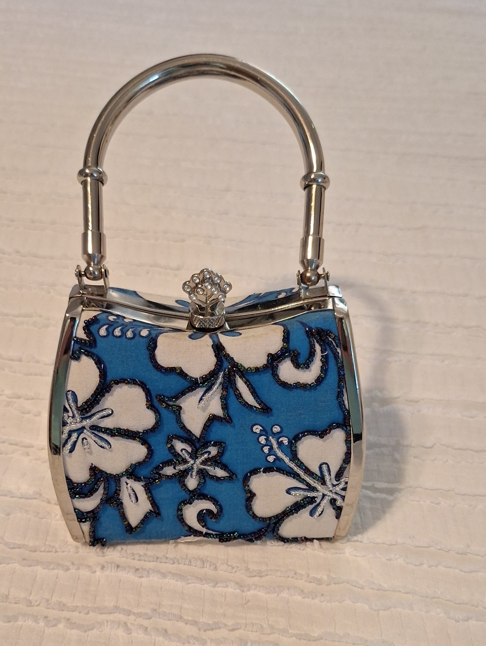 Blue Floral Beaded Handbag with Silver Handle & Hardware